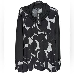 Michael Tyler XL Cowl Neck Tunic Abstract Print Artsy Minimalist Stretch Top NWT